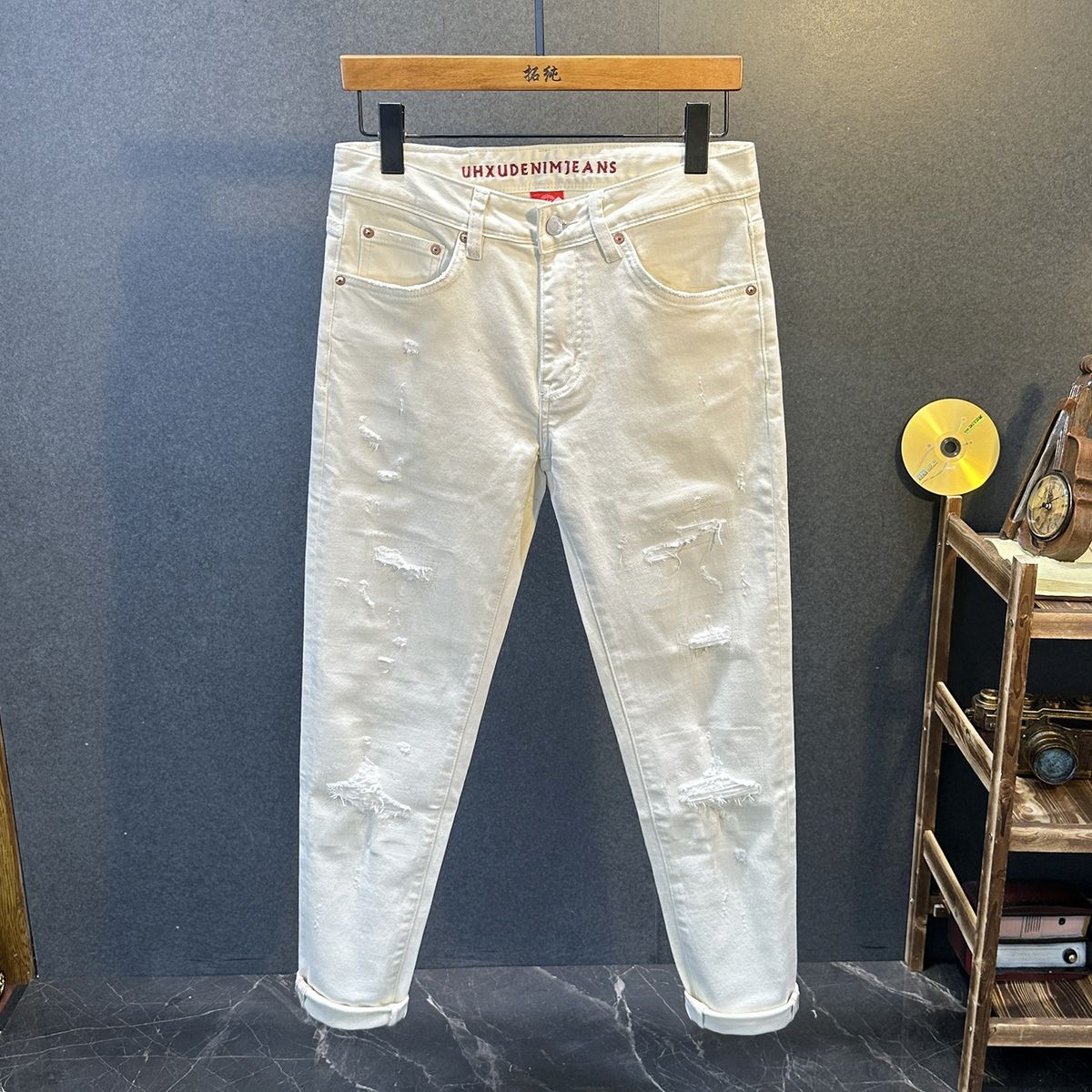 Nordmann White Jeans Men's Cat Whiskers Ripped 2025 New Slim Fit Skinny Stretch Versatile High Street Trendy Long Pants_mkmklike.com