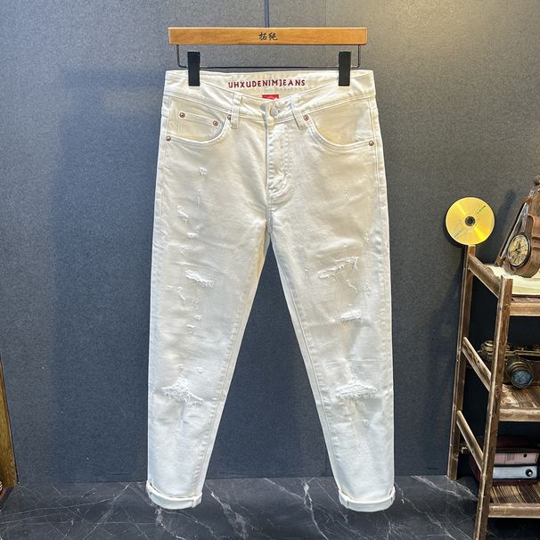 Nordmann White Jeans Men's Cat Whiskers Ripped 2025 New Slim Fit Skinny Stretch Versatile High Street Trendy Long Pants_mkmklike.com
