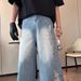 Glacier Blue Ripped Denim Shorts With Rough Edges, Men's American Washed Silhouette Design, Straight Leg Casual Cropped_mkmklike.com
