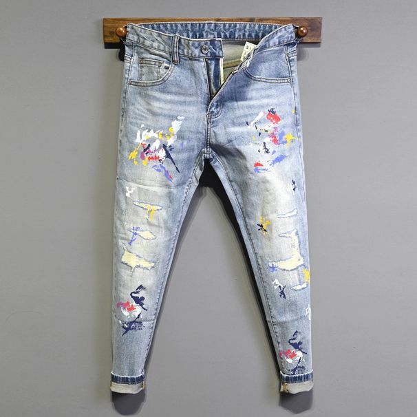 Vintage Light Wash Skinny Jeans For Men – Distressed Paint Splatter & Hand-Sanded Details (Slim Fit, Stretch Denim, Streetwear Essential)_mkmklike.com