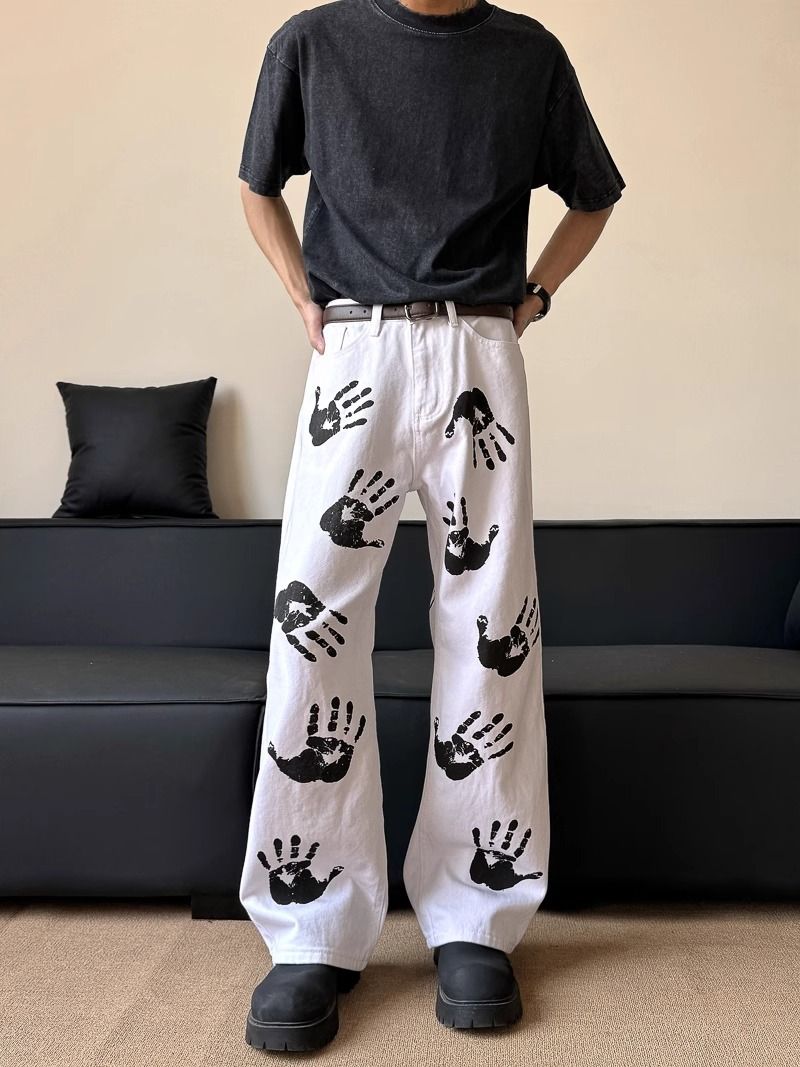 Palm Print Flared Jeans Men's Summer New Style Hiphop American Street Style Hip Hop Loose Slim Long Pants_mkmklike.com
