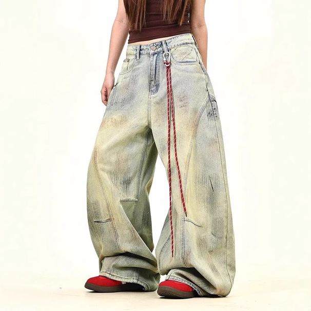 Distressed High Street Mud Wash Wide Leg Jeans For Men & Women - Vintage Blue Straight Denim Pants With Washed Effect_mkmklike.com