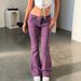Retro Purple Washed Heart Appliqué Flared Jeans Low Rise Elastic Floor Length Sexy Women's Pants_mkmklike.com