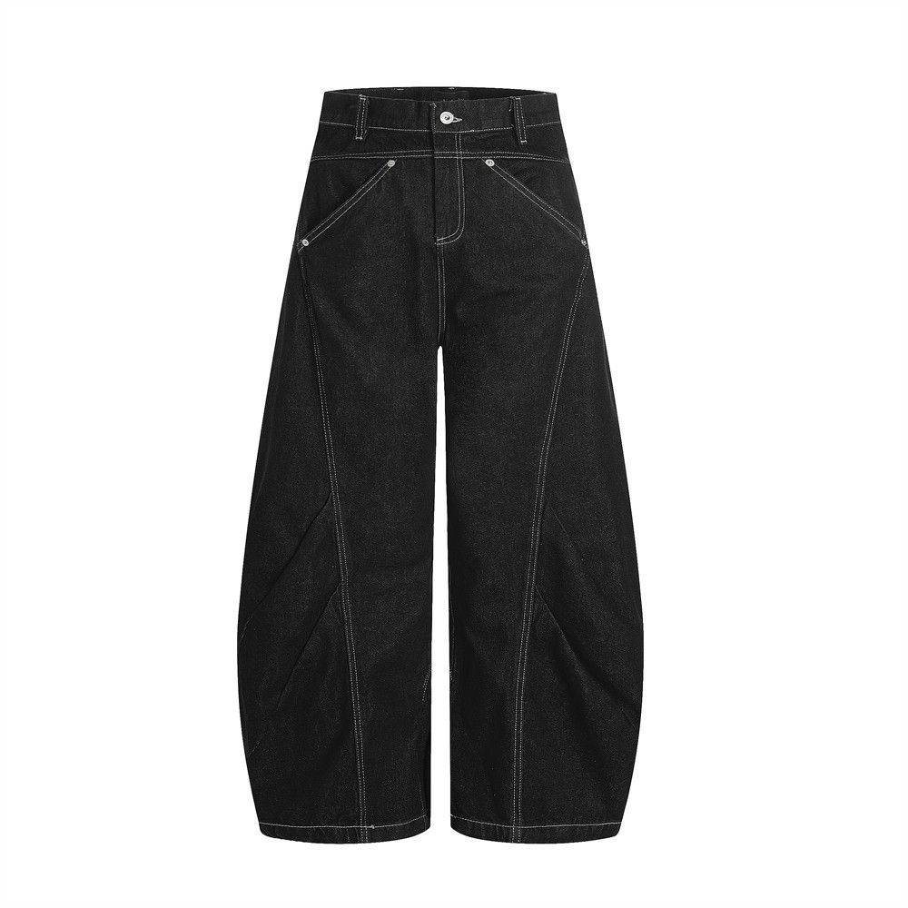Loose Men's Denim Scimitar Pants Vibe Trend Deconstructed Patchwork Pleated Design Stitched Scythe Wide-Leg Trousers_mkmklike.com