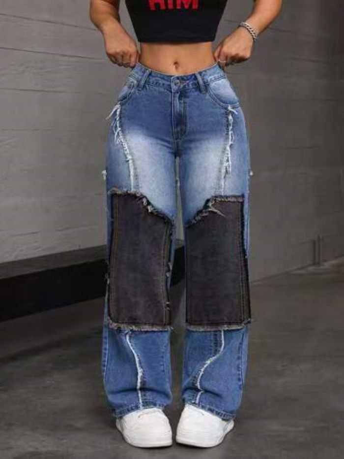 Women's Clothing Patchwork Patchwork Denim High Waist Tight Hip Raw Edge Women's Straight Denim_mkmklike.com