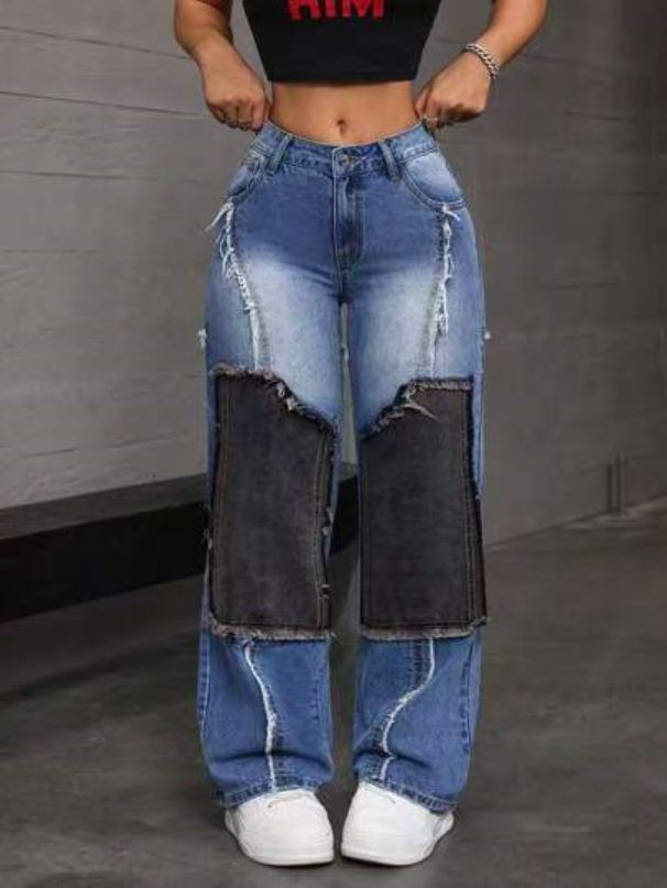 Women's Clothing Patchwork Patchwork Denim High Waist Tight Hip Raw Edge Women's Straight Denim_mkmklike.com