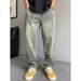 Men's Vintage Washed Denim Jeans Relaxed Straight Fit Midweight Cotton With Splatter Effect Blue M-3XL_mkmklike.com
