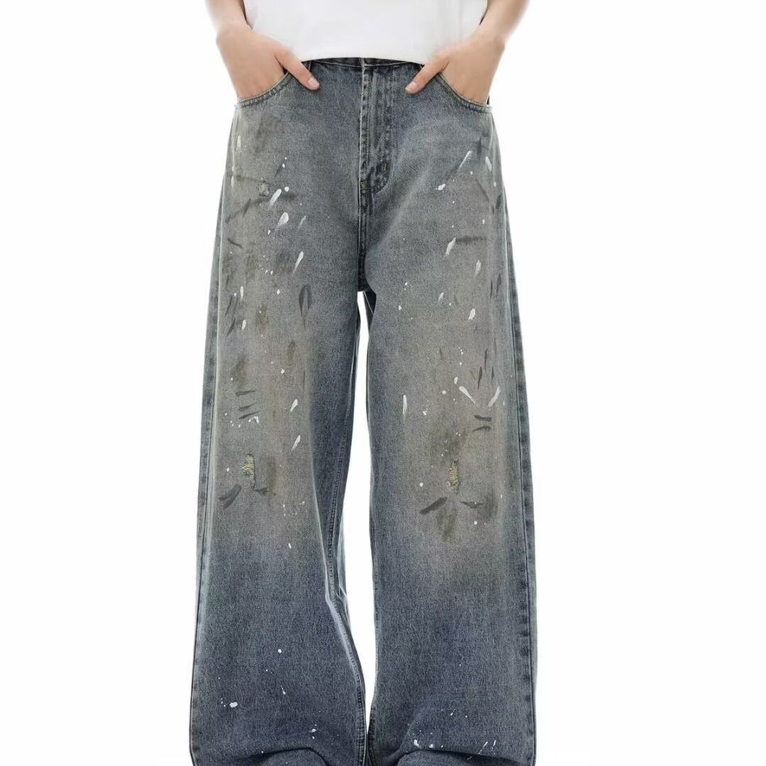 Unisex Distressed Washed Wide-Leg Jeans – Oversized Streetwear Denim Pants With Splatter Paint Effect_mkmklike.com