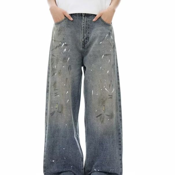 Unisex Distressed Washed Wide-Leg Jeans – Oversized Streetwear Denim Pants With Splatter Paint Effect_mkmklike.com
