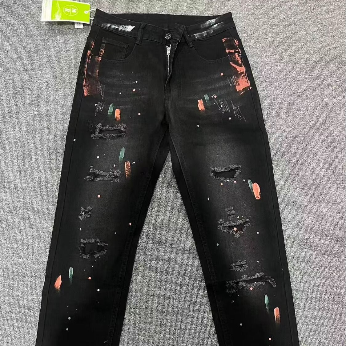 Men's High Street American Vintage Splatter Graffiti Black Jeans - Loose Fit Straight Leg Wide Trousers For Casual Streetwear Vibe_mkmklike.com
