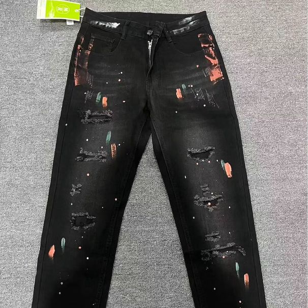 Men's High Street American Vintage Splatter Graffiti Black Jeans - Loose Fit Straight Leg Wide Trousers For Casual Streetwear Vibe_mkmklike.com