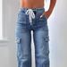 K New Straight Leg Jeans For Women; Casual Belt With Multiple Pockets For Functional Workwear Pants_mkmklike.com