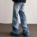 Men's Cracked Wash Denim Jeans - Vintage Blue Straight-Leg Bootcut Pants (Light Blue, S-XXL)_mkmklike.com