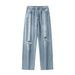 Men's Distressed Jeans High Street Style Washed Light Blue Loose Fitting Wide Leg Floor Length Trousers_mkmklike.com