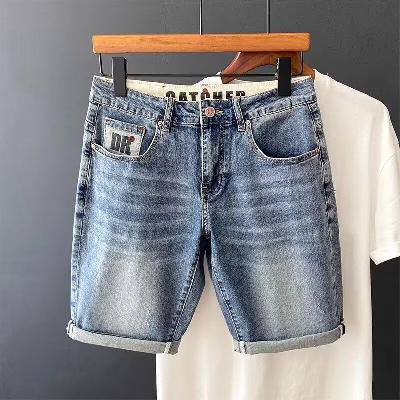Trendy High-End Retro Style Summer Denim Shorts For Young Men Washed Slim Fit Stretch Five Point Pants_mkmklike.com
