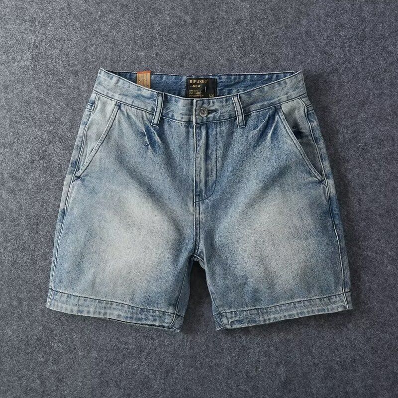 Men's Clothing Pure Cotton Three Quarter Jeans Retro Washed Old Fashioned Slim Straight Casual Shorts_mkmklike.com