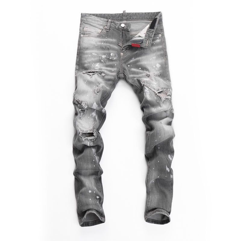 Men's Clothing High Street Fashion New Gray Ripped Patch Slim Fit Slim Fit Trendy Brand Youth Casual Men's Denim Trousers_mkmklike.com
