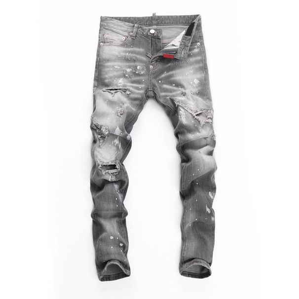 Men's Clothing High Street Fashion New Gray Ripped Patch Slim Fit Slim Fit Trendy Brand Youth Casual Men's Denim Trousers_mkmklike.com