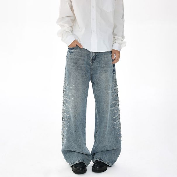 Men's Clothing Maple House Trendy Snake Eye Backless Retro Washed Jeans Metal Rivet Embroidered Men's Denim Clothing For Men And Women_mkmklike.com