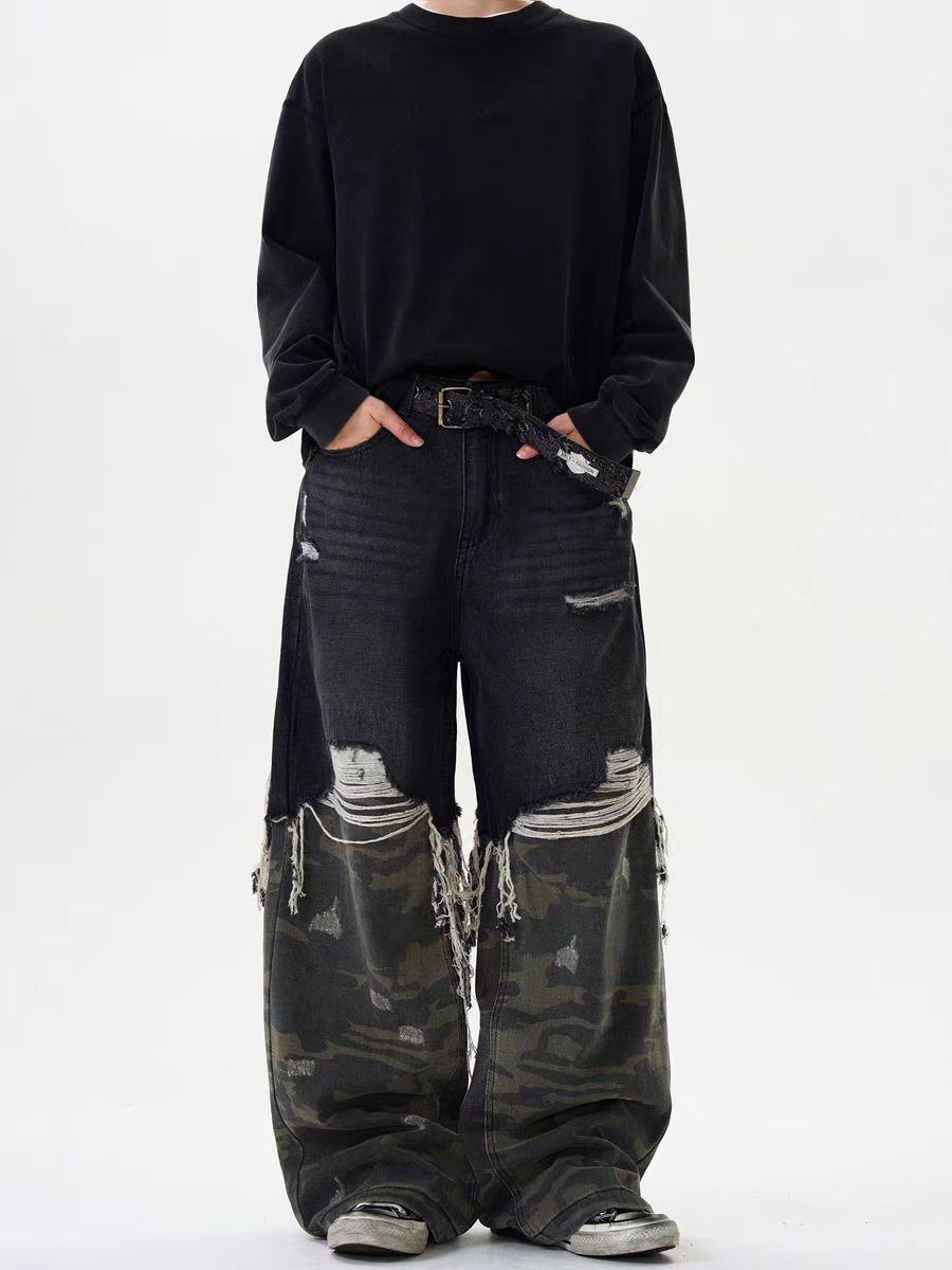 Men's Clothing Retro Stitching Camouflage Jeans Men Vibe Trend Brand High Street Niche Washed Loose Wide Leg Trousers_mkmklike.com