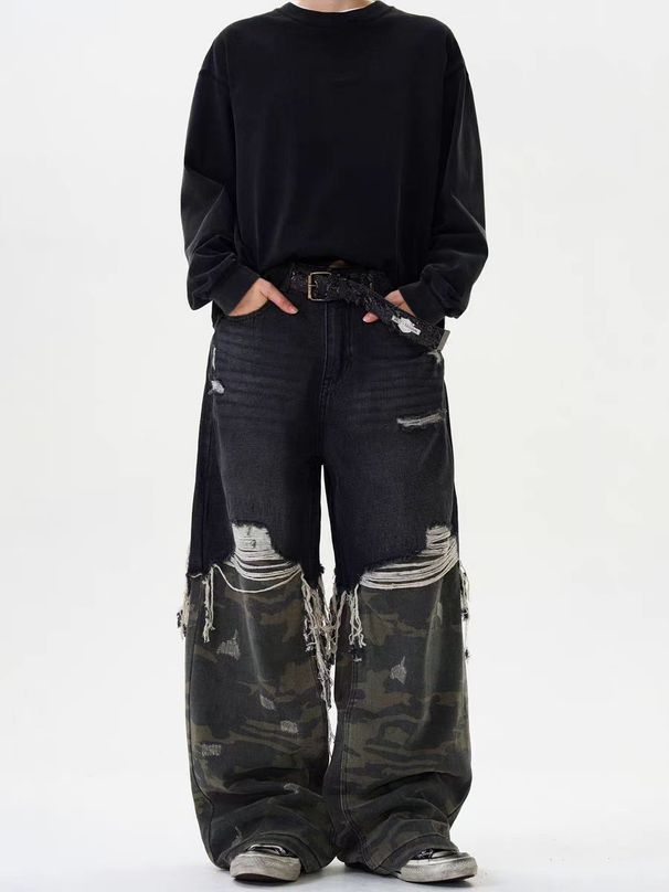 Men's Clothing Retro Stitching Camouflage Jeans Men Vibe Trend Brand High Street Niche Washed Loose Wide Leg Trousers_mkmklike.com