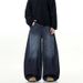 Dark Blue Washed Casual Versatile Distressed Straight-leg Jeans For Women, Trendy Brand, Loose Fit, Plus Size, Wide-leg,_mkmklike.com