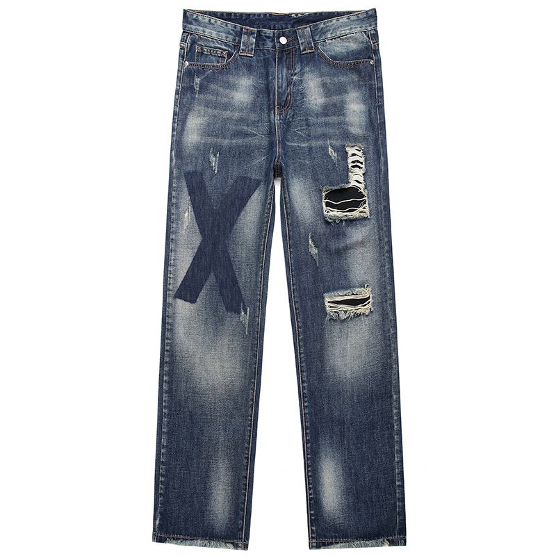 Men's Clothing Autumn New Style Ripped Men's Jeans With Patches, Loose Straight Leg Wide Leg, Trendy Casual Men's Pants_mkmklike.com
