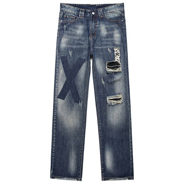 Men's Clothing Autumn New Style Ripped Men's Jeans With Patches, Loose Straight Leg Wide Leg, Trendy Casual Men's Pants_mkmklike.com
