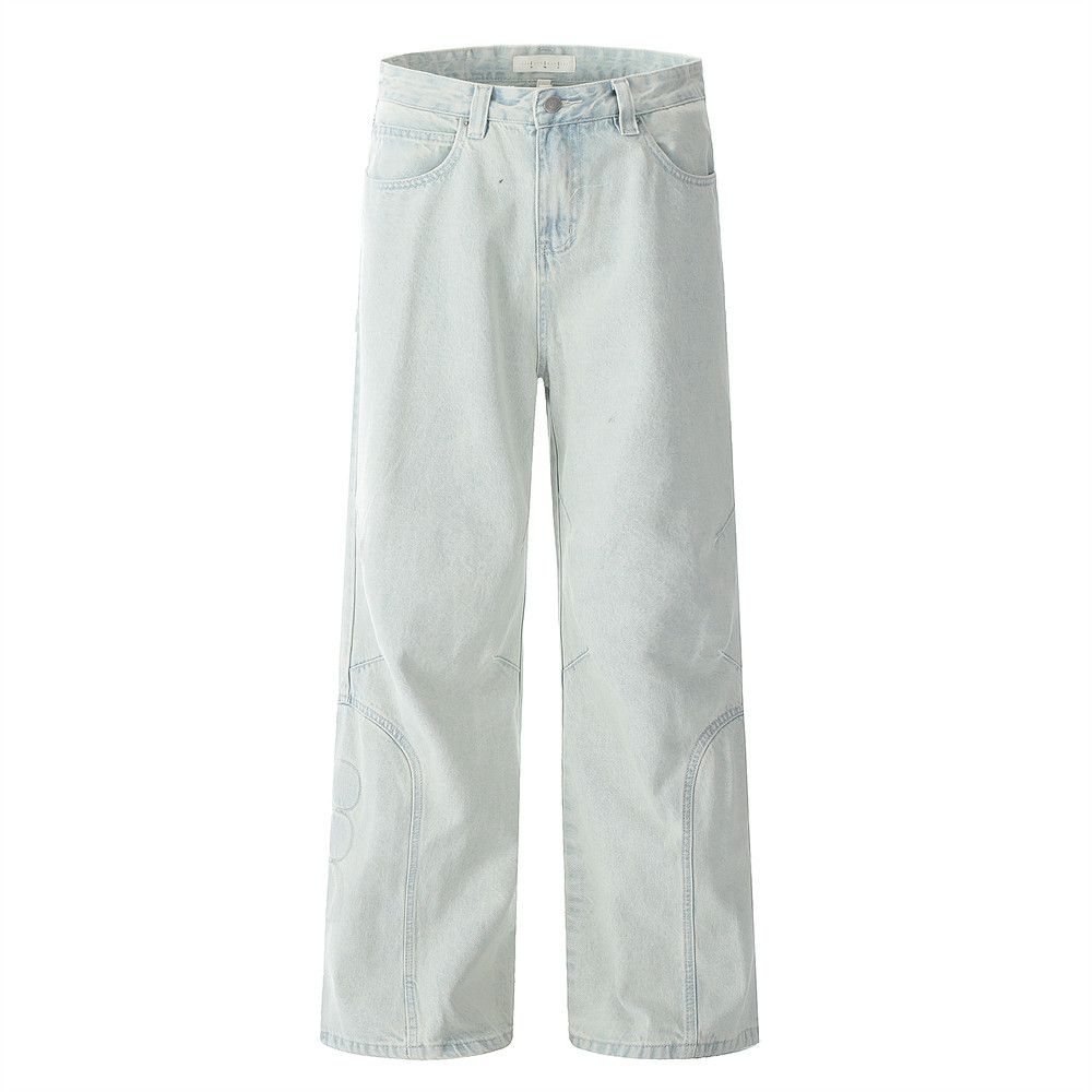 American High Street Light Color Distressed Washed Jeans Vibe Trendy Brand Pleated Design Loose Straight Long Pants For_mkmklike.com