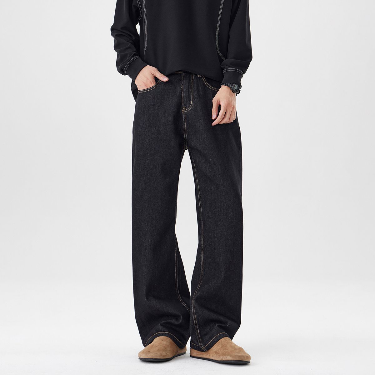 Vintage Flared Jeans – Winter Fleece-Lined Raw Denim With Distressed Wash, Loose Fit Retro Bell Bottoms For Men_mkmklike.com