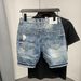 Men's Distressed Denim Shorts – Vintage Washed Light Blue Ripped Patchwork Shorts With Cat Whisker Details_mkmklike.com