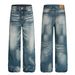 Men's Vintage Washed Blue Straight Leg Jeans With Cat Whisker Design - Classic Streetwear Style For Casual Outfits_mkmklike.com