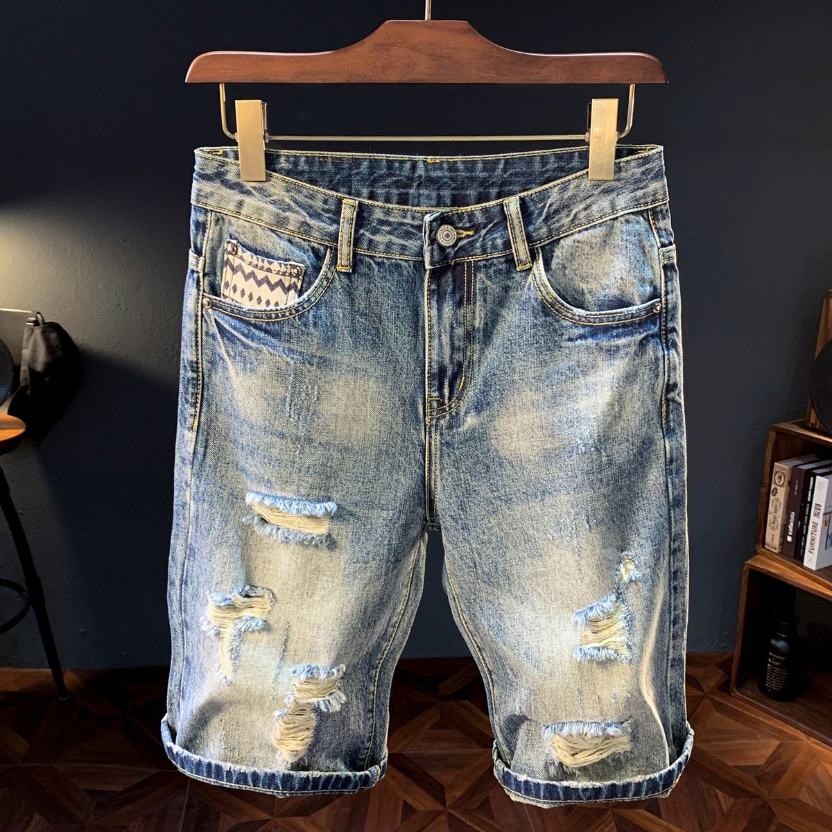 Men's Distressed Denim Shorts Vintage Washed Blue Stretch Casual Style with Rip Details 28 to 36_mkmklike.com