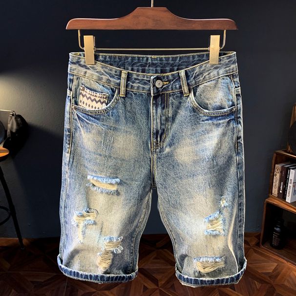 Men's Distressed Denim Shorts Vintage Washed Blue Stretch Casual Style with Rip Details 28 to 36_mkmklike.com