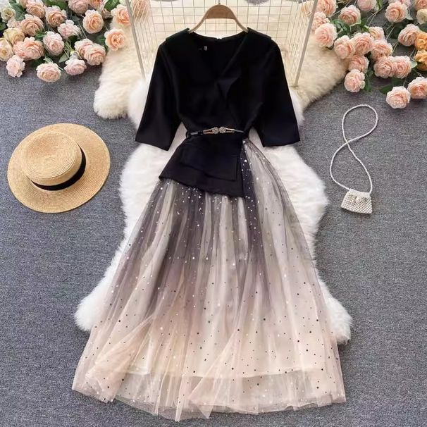 Women's Clothing new mesh dress female design sense splicing slim waist medium length first love fairy dress_mkmklike.com