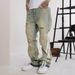 Unisex Distressed Splash Paint Flared Jeans Loose Fit Hip Hop Denim Pants Patchwork Design_mkmklike.com
