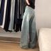 Women's High-Waisted Wide Leg Jeans Retro Washed Distressed Scimitar Design Straight Leg Floor-Length Summer Jeans_mkmklike.com