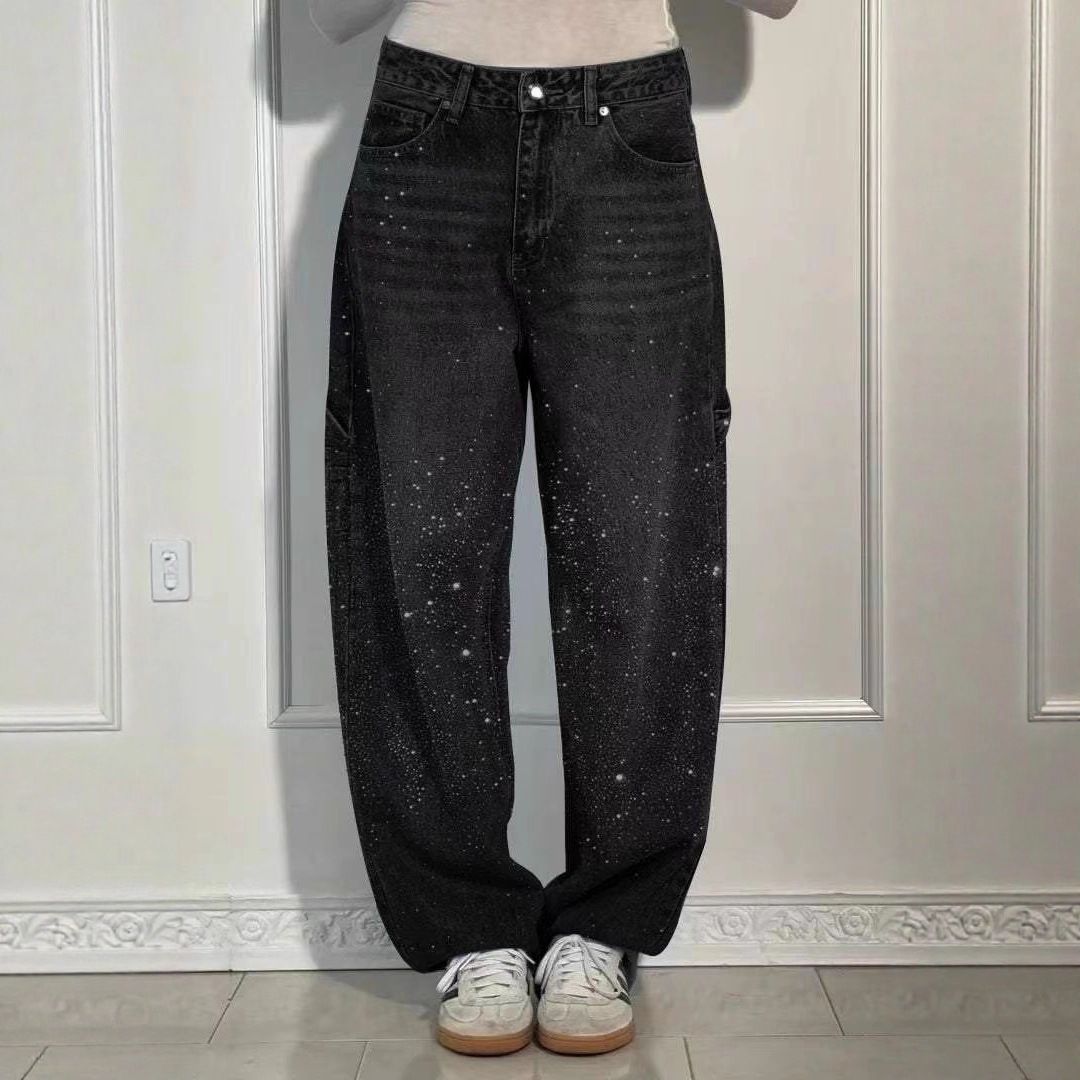 Women's High-Waisted Straight-Leg Rhinestone Jeans, Stretch Denim Pants With Crystal Studs For A Chic Look_mkmklike.com