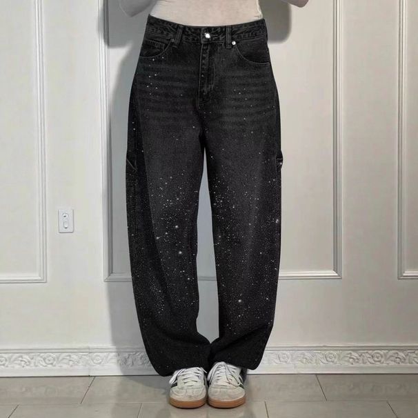 Women's High-Waisted Straight-Leg Rhinestone Jeans, Stretch Denim Pants With Crystal Studs For A Chic Look_mkmklike.com