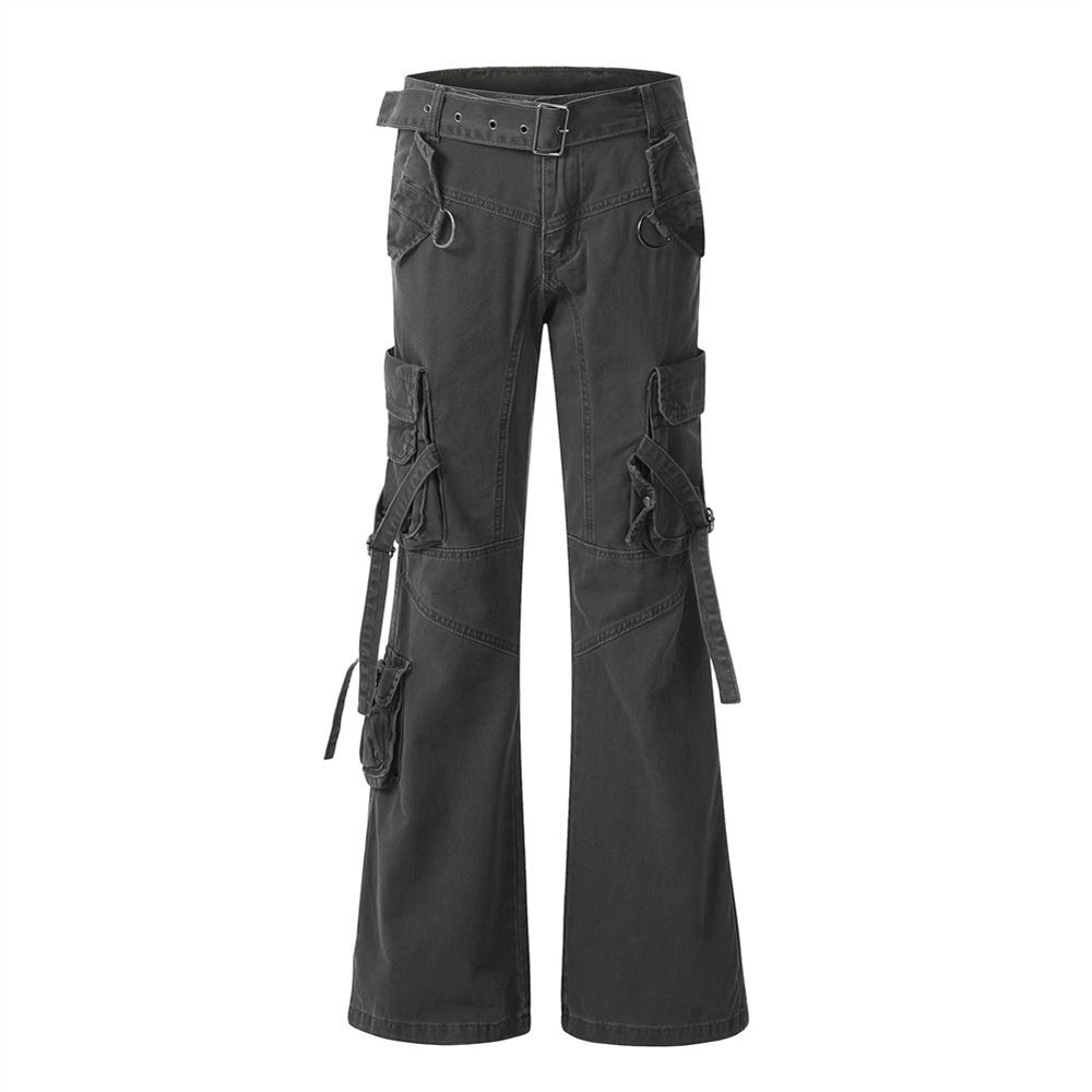 Men's Tactical Pocket Strap Cargo Denim Long Functional Split Splicing Design Loose Flared Pants Trendy_mkmklike.com