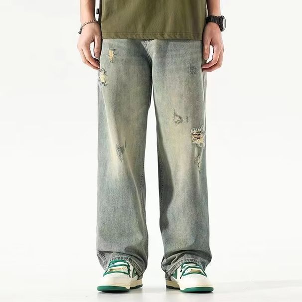 Men's Cross Border Ripped Jeans, Summer Style, High Street, American Retro Trendy Brand, Washed Distressed Straight Leg, Beggar Long Pants_mkmklike.com