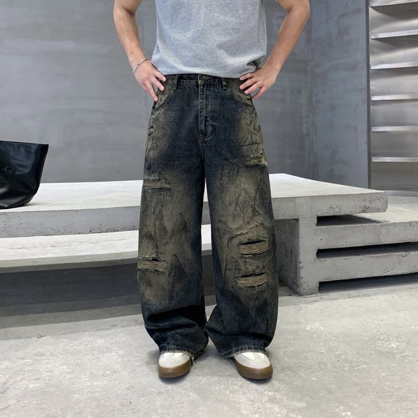 Vintage Washed Distressed Jeans For Men – Relaxed Wide-Leg & Faux Rips (S-3xl, Blue) Low-Rise Waist + Zip Fly_mkmklike.com