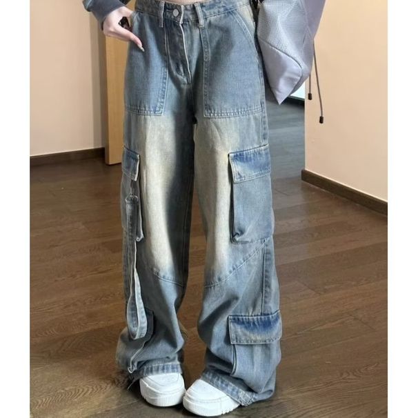 Trendy High Street Cargo Pants Women Multi-pocket 2025 Autumn Washed Y2k Baggy Jeans Women High Waist Wide-leg Denim Trousers_mkmklike.com