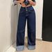 Women's Dark Blue High-Waisted Double Button Wide Leg Jeans Topstitching Rolled up Hem Patchwork Floor-Length Cargo Pants_mkmklike.com