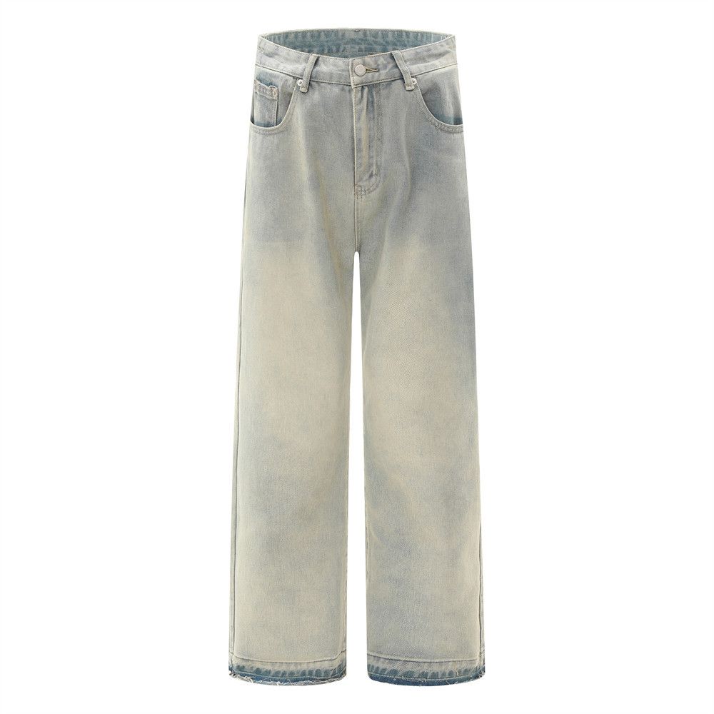 Punk Heavy Washed Faded Jeans Yellow Mud Dyed Casual Men's Street Fashion Distressed Frayed Straight Long Pants_mkmklike.com
