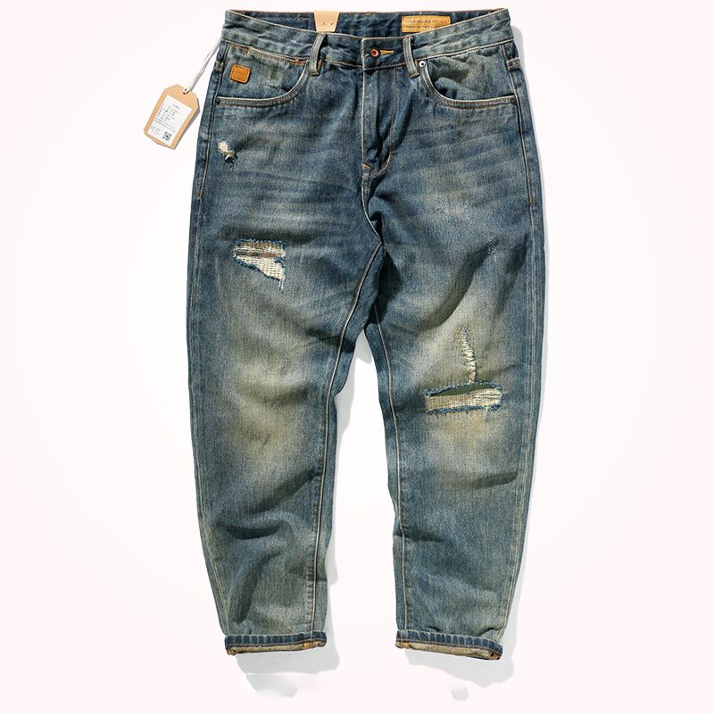 American High Street Jeans Men's Trendy Brand Loose Straight Spring And Autumn Broken Patch Retro Casual Washed Pants Men_mkmklike.com