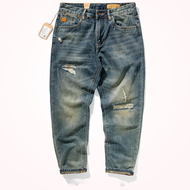 American High Street Jeans Men's Trendy Brand Loose Straight Spring And Autumn Broken Patch Retro Casual Washed Pants Men_mkmklike.com