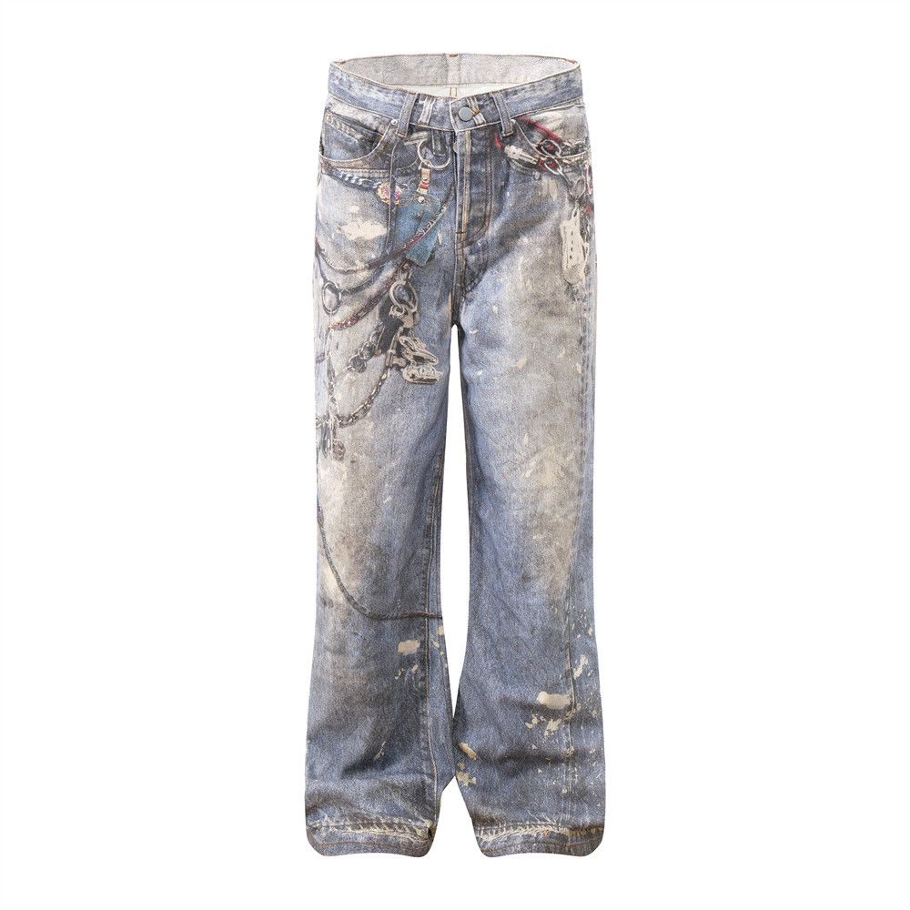 3D Digital Printed Jeans Men's Design Sense Street Trendy Chain Distressed Ink Splash Loose Straight Pants_mkmklike.com