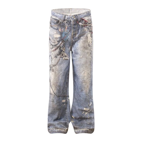 3D Digital Printed Jeans Men's Design Sense Street Trendy Chain Distressed Ink Splash Loose Straight Pants_mkmklike.com