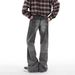 Men's Smoky Gray Distressed Denim Jeans Slightly Flared Loose Straight Leg Autumn Fashion High Street_mkmklike.com